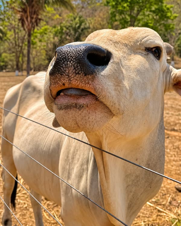 Boi de pelo claro com o focinho perto da cerca de arame